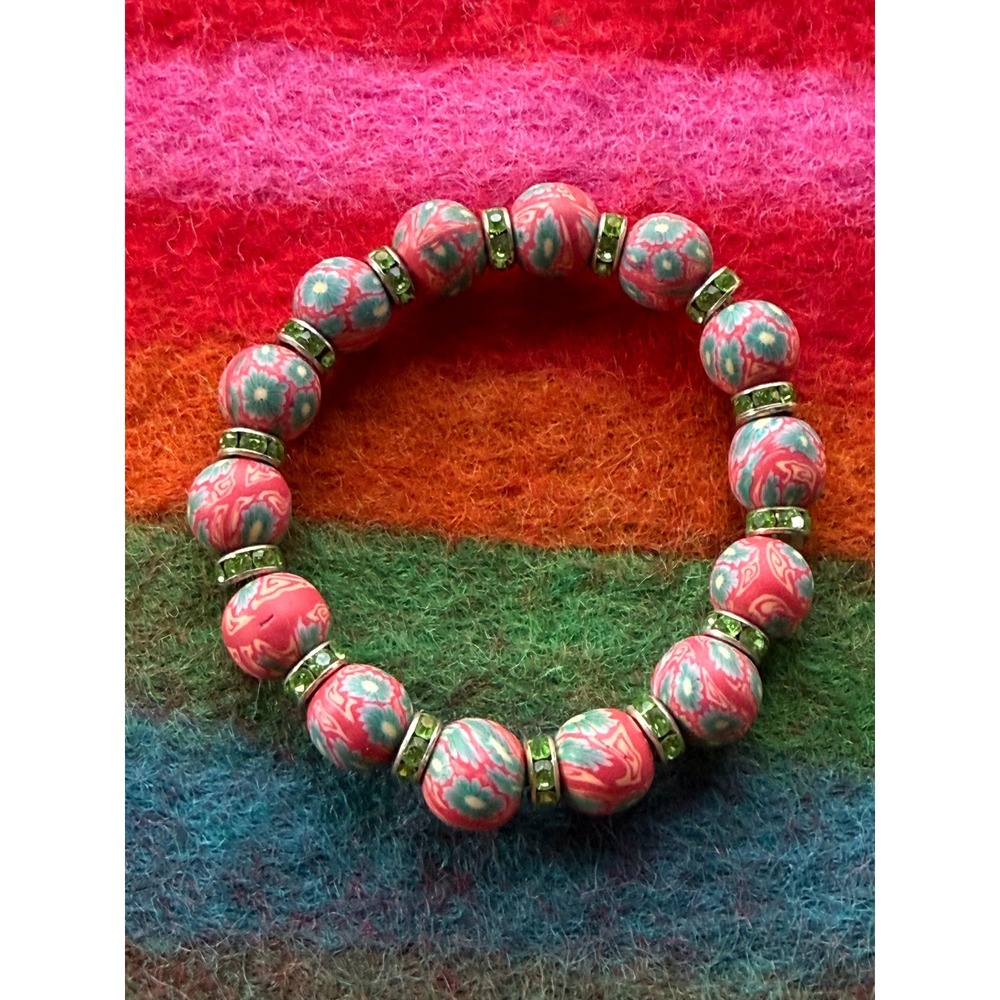 Floral Millefiori Polymer Clay Bead Stretch Bracelet Pink Green‎ Crystal Spacers